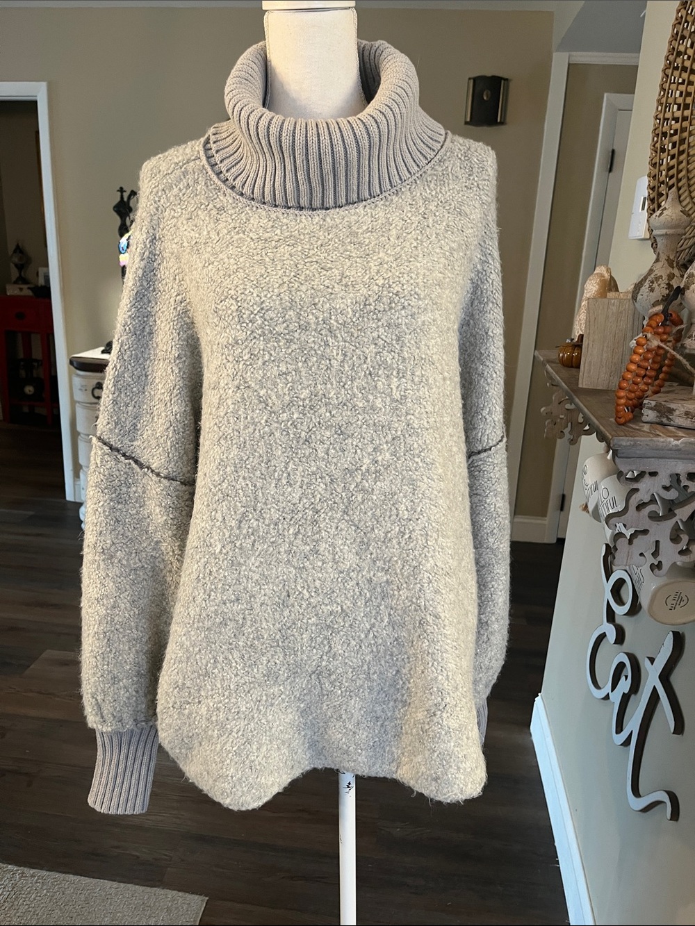 Free People Light Grey Ribbed Cowl Neck Bouclé Sweater